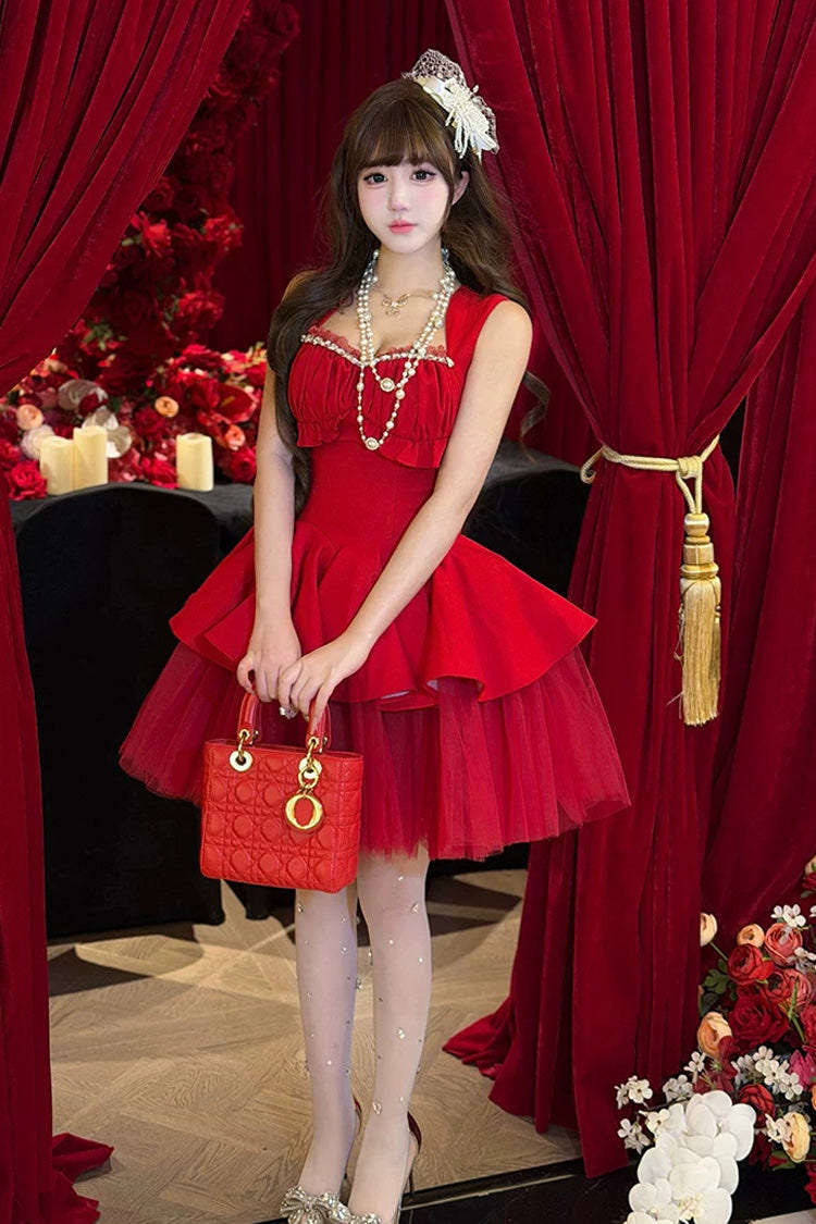 Red [Romantic Rose] Square Collar Sleeveless Ruffled Classic Ballet Lolita Dress - Product - 3