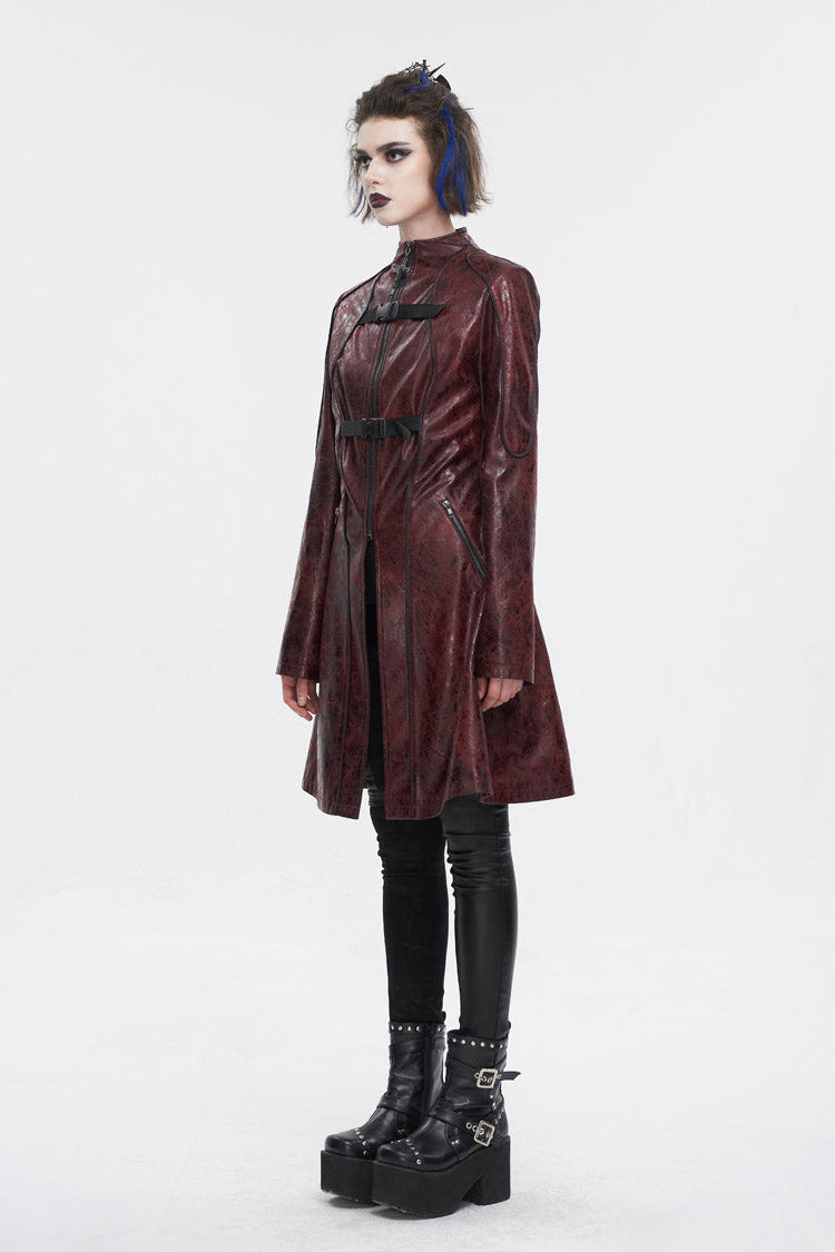 Red Double Buckle Faux Leather Long Women's Punk Coat - Product - 6