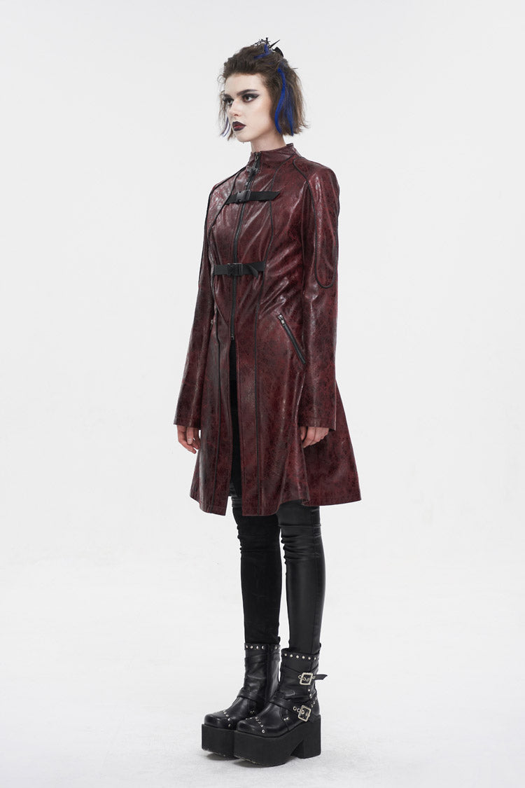Red Double Buckle Faux Leather Long Women's Punk Coat - Product - 6
