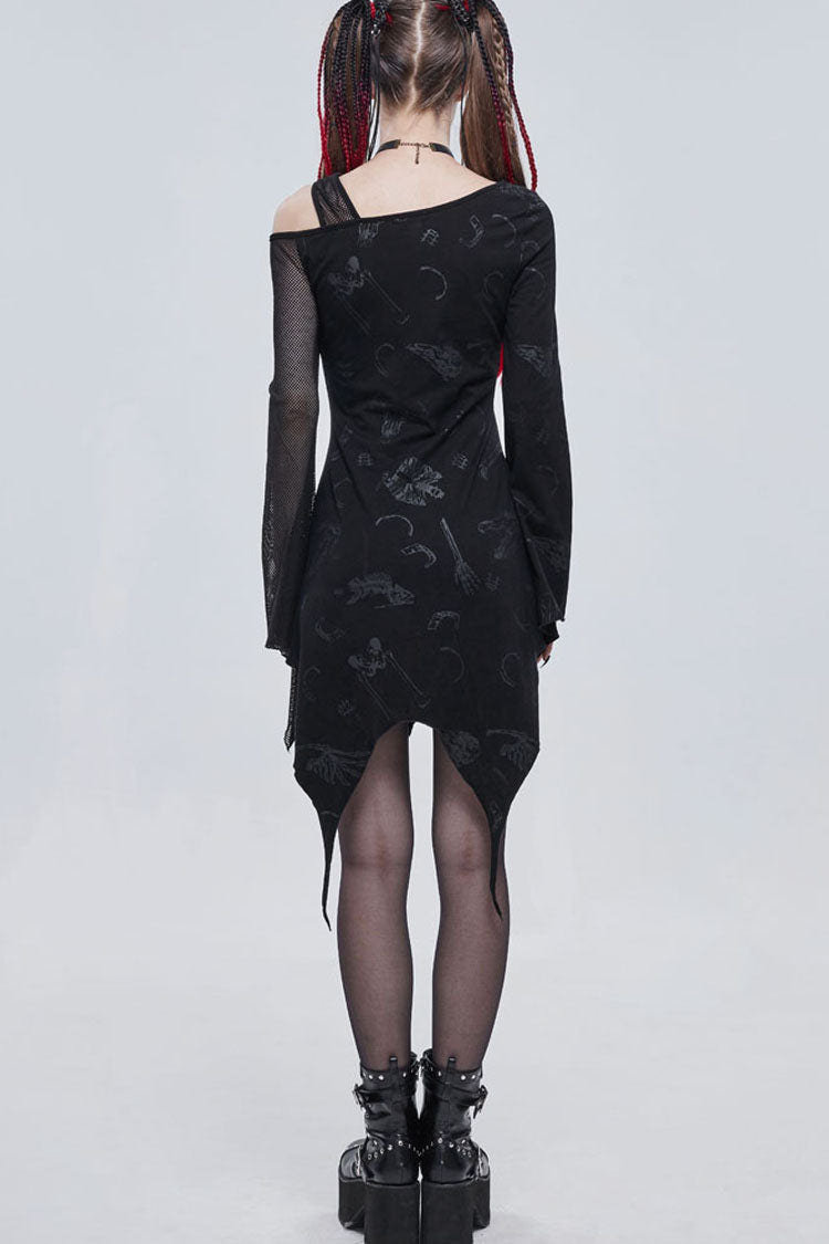 Black Gothic Off-The-Shoulder Graphic-Print Asymmetric Design Splicing Mesh Women's Dress - Product - 9