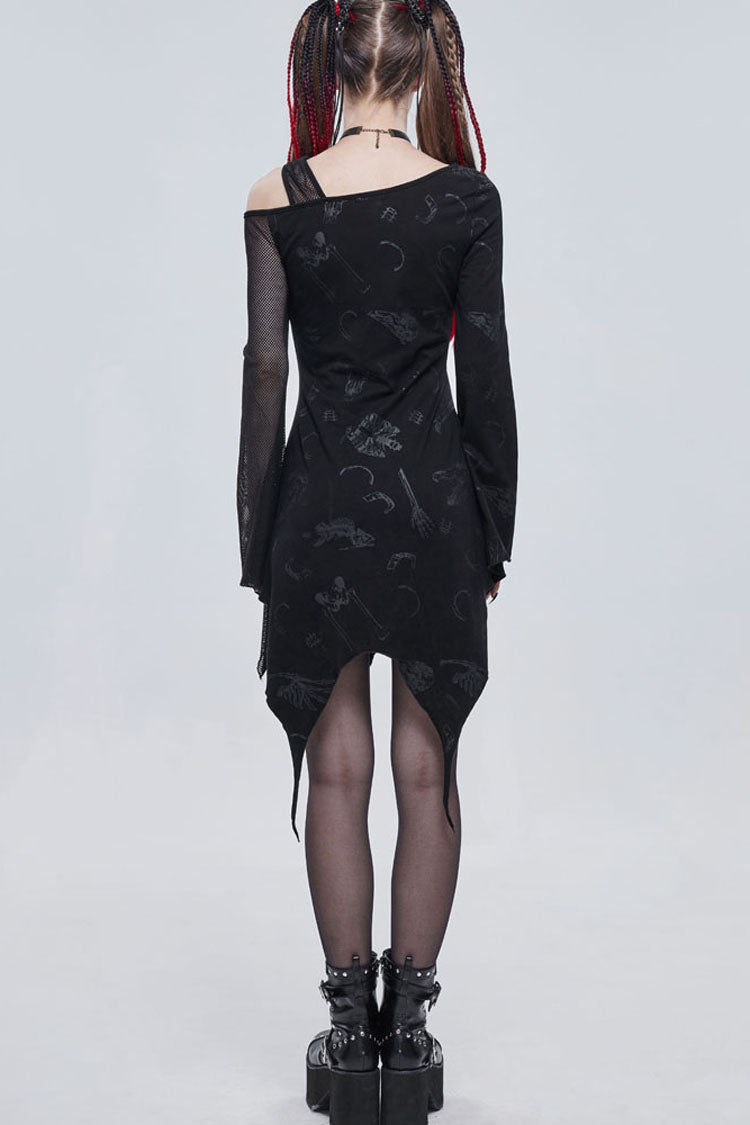 Black Gothic Off-The-Shoulder Graphic-Print Asymmetric Design Splicing Mesh Women's Dress - Product - 9