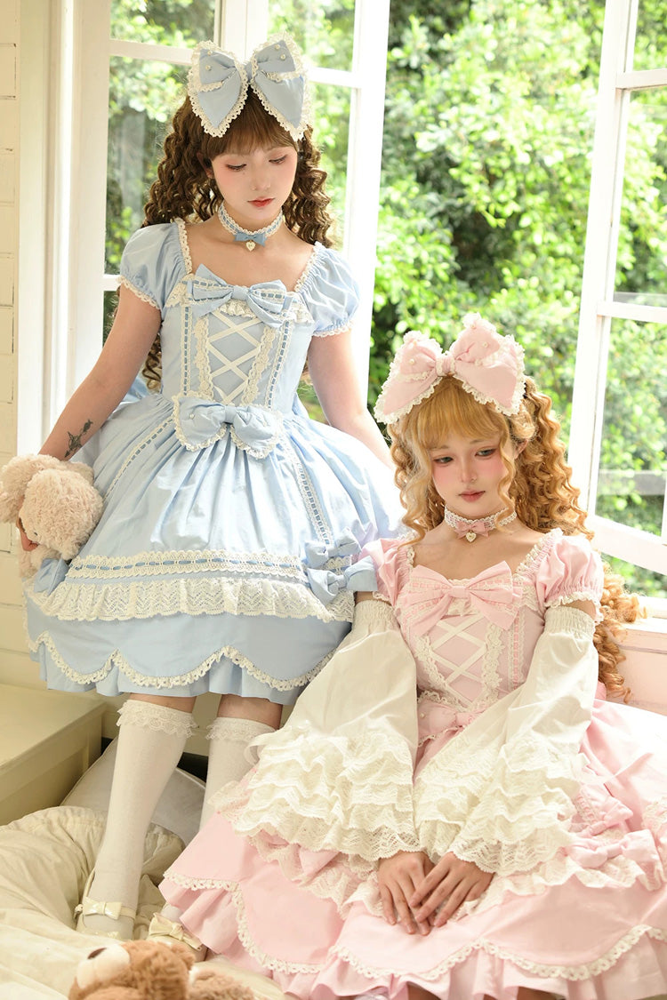Blue [Petal Bunny] Cotton Square Collar Short Sleeves Double-Layered Ruffled Bow Lace Lace-Up Sweet Lolita Dress - Product - 6