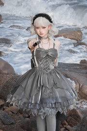Silver Gray Ruffle Bowknot Peninsula Iron Box Ballet Sweet Elegant Princess Lolita Jsk Dress - Grey - 1