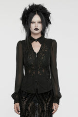 Black V Collar Long Puff Sleeves Embroidery Mesh Women's Gothic Blouse - Black - 1