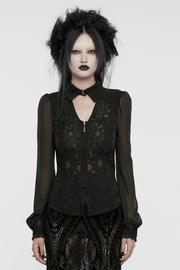 Black V Collar Long Puff Sleeves Embroidery Mesh Women's Gothic Blouse - Black - 1