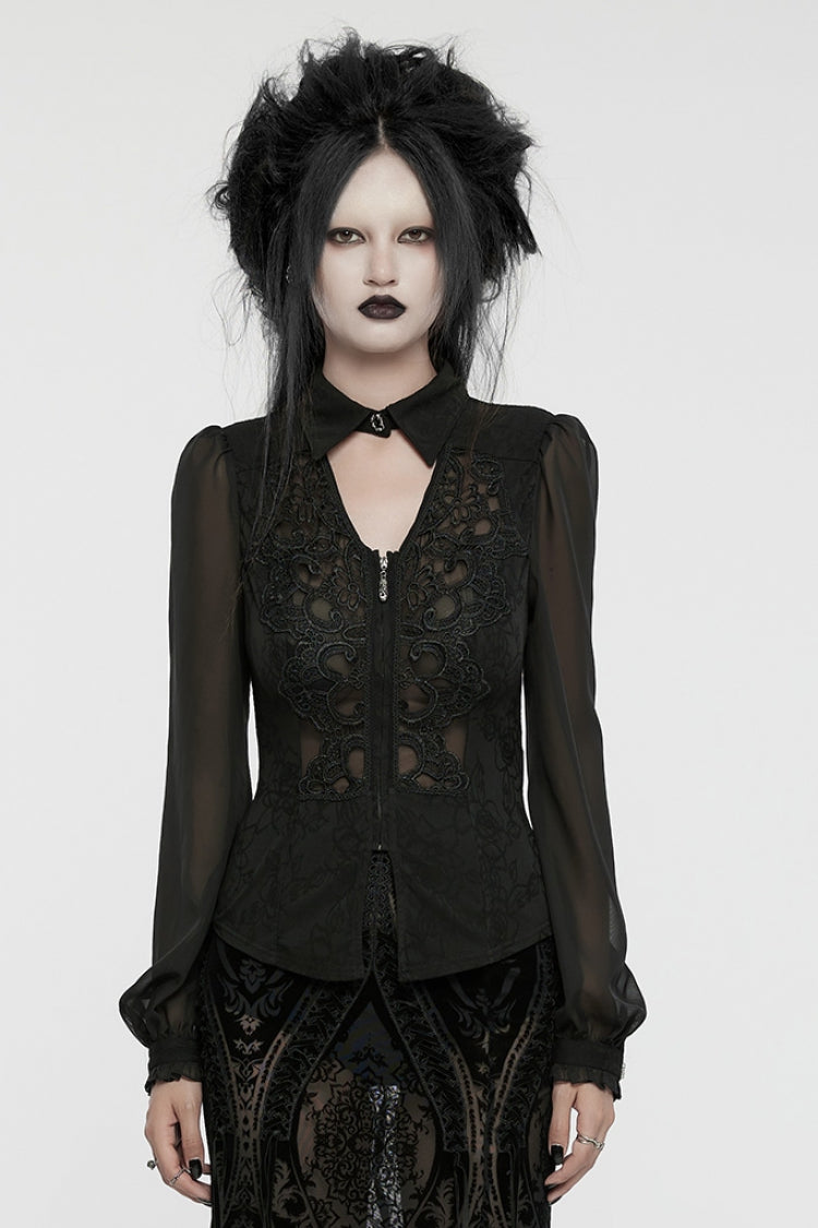 Black V Collar Long Puff Sleeves Embroidery Mesh Women's Gothic Blouse - Black - 1