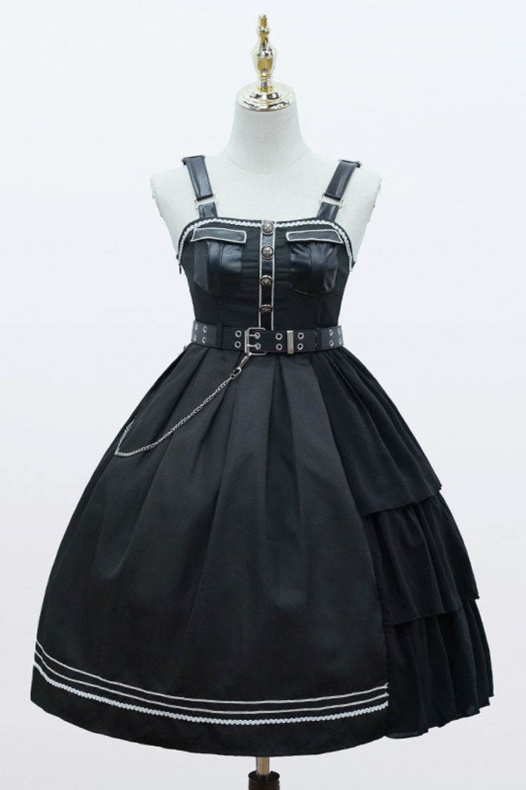 Dark V Neck Bowknot Rivets Epaulettes Sleeveless Military Uniform PU Gothic Lolita Jsk Dress - Product - 7