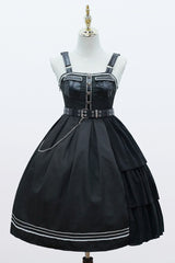 Dark V Neck Bowknot Rivets Epaulettes Sleeveless Military Uniform PU Gothic Lolita Jsk Dress - Product - 7