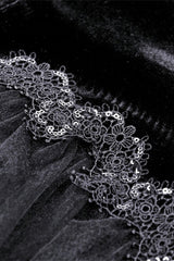 Black Round Collar Long Puff Sleeves Lace Lace-Up Hem High Low Women's Gothic Velvet Wedding Dress - Product - 17