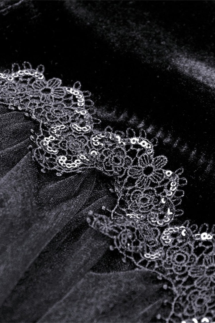 Black Round Collar Long Puff Sleeves Lace Lace-Up Hem High Low Women's Gothic Velvet Wedding Dress - Product - 17
