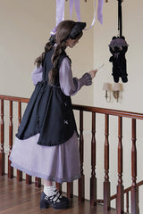 Black/Purple Petal Collar Drawstring Long Sleeves Embroidery Sweet Chinese Style Lolita Dress Two-piece Set - Product - 10