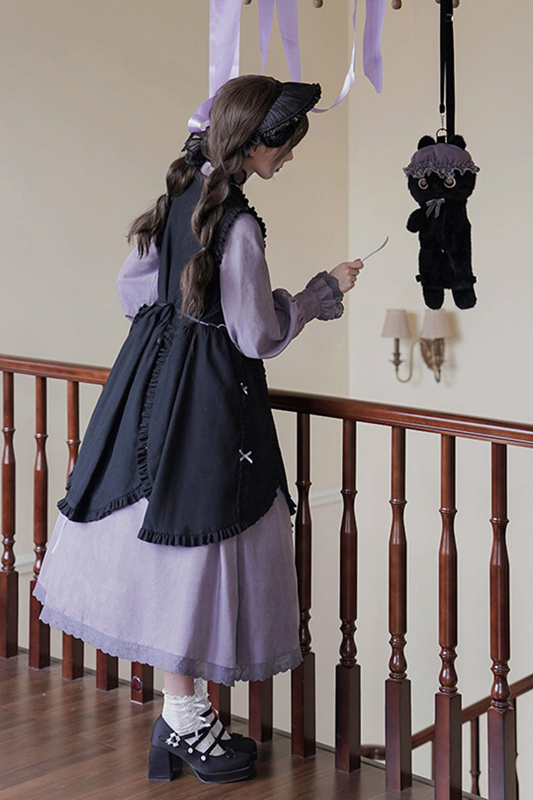 Black/Purple Petal Collar Drawstring Long Sleeves Embroidery Sweet Chinese Style Lolita Dress Two-piece Set - Product - 10