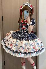 Black [Mystery Rabbit Tea Party] Square Collar Short Sleeves Print Ruffle Bowknot Lace Sweet Lolita Dress - Product - 3
