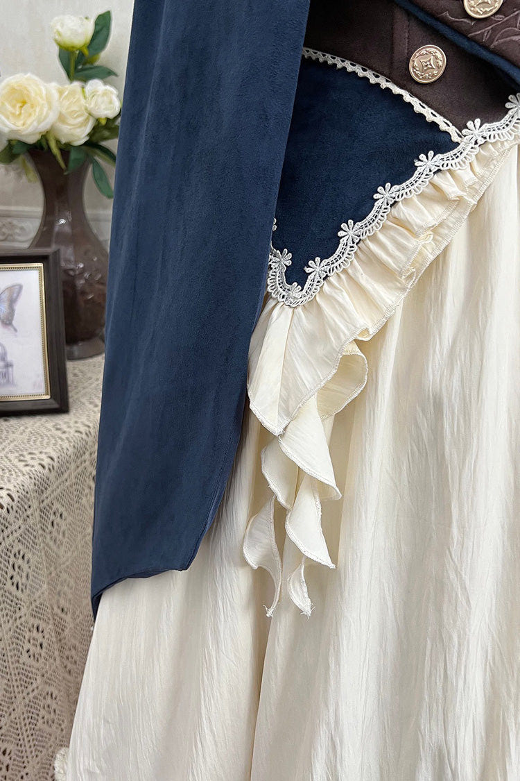 Beige [Morning Mist Coast] Stand Collar Long Sleeves Ruffle Embroidery Vintage Elegant Lolita Skirt Dress Set - Product - 5