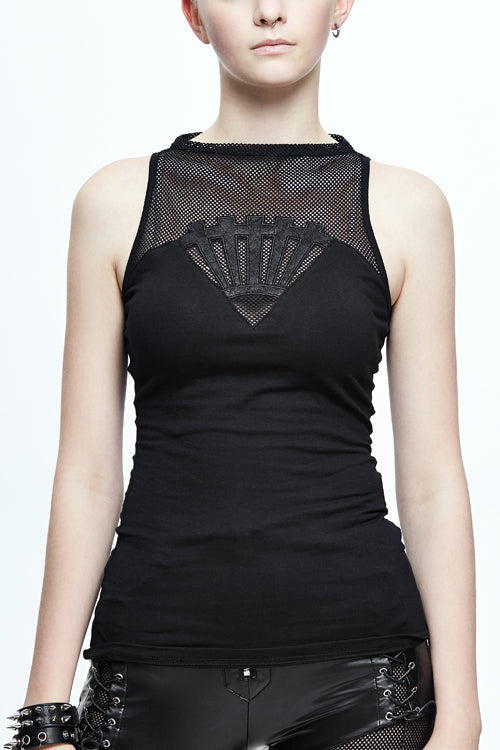 Black Leather Embroidered Gear Cotton Womens Punk T-Shirt - Black - 1