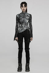 Black /White Punk Pleated Half Turtleneck Irregular Sexy Long Sleeve Lightweight Women's T-Shirt - Product - 4