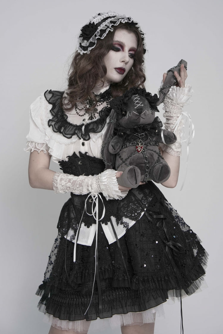 Black/White Stand Collar Short Sleeves Embroidered Lace Lace-Up Slim Pleated Women's Gothic Palace Blouse - Product - 12