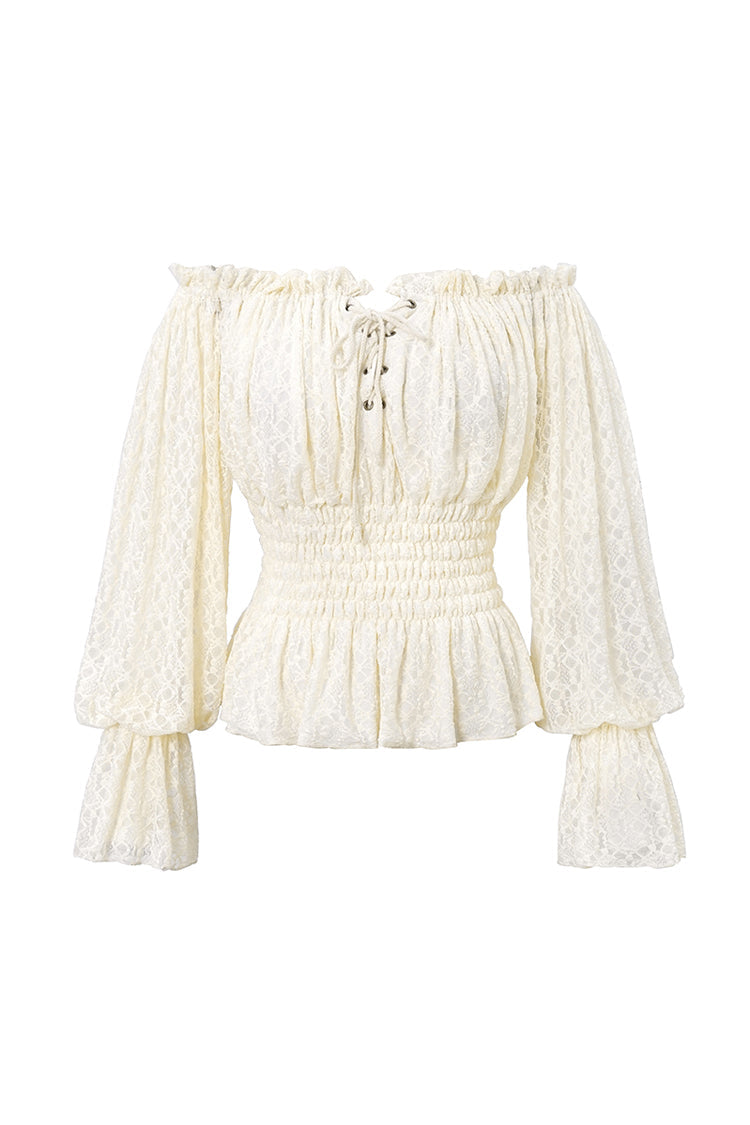 White Off Shoulder Long Sleeves Ruffle Lace Women's Gothic Blouse - Product - 4
