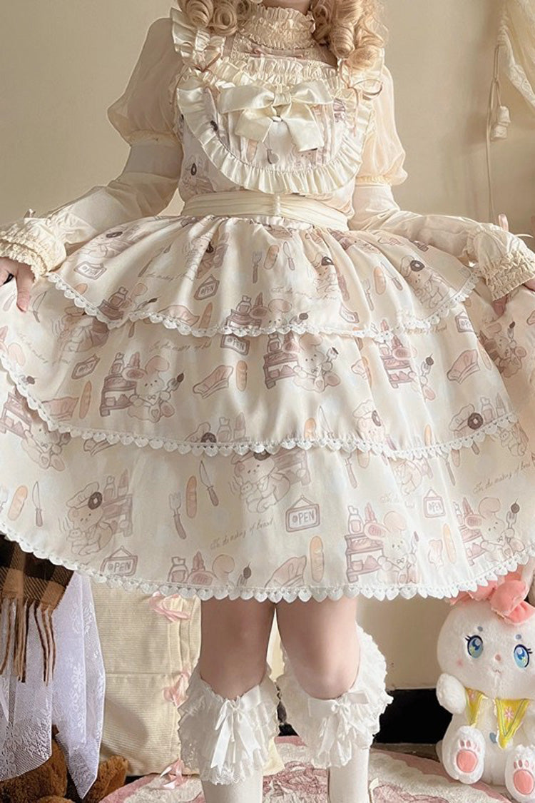 Beige Sleeveless Triple-Layered Print Ruffle Bowknot Sweet Plus Size Lolita Jsk Dress - Product - 6