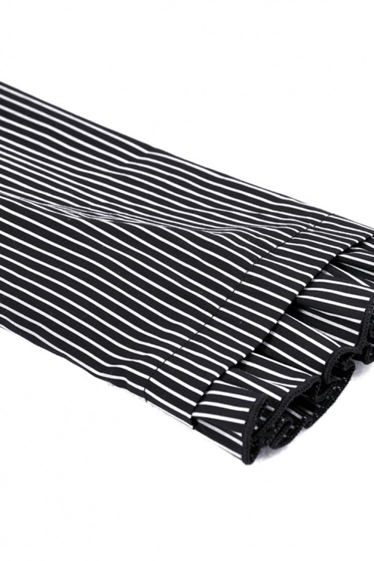 Black/White Lapel Collar Long Puff Sleeves Women's Gothic Striped Preppy Style Dress - Product - 19