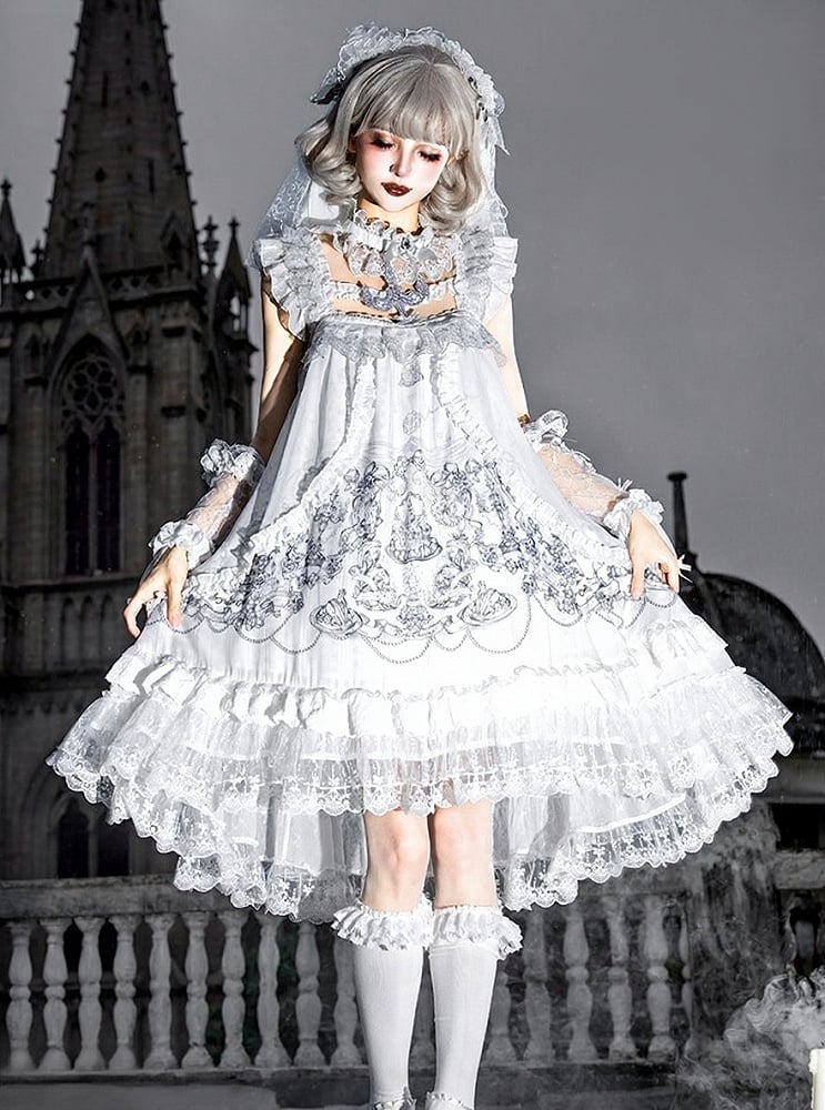 Gothic White Candle Print Waistless Lolita JSK Dress with Lace Details + Choker + Candle Embroidered Brooch Set - view 2