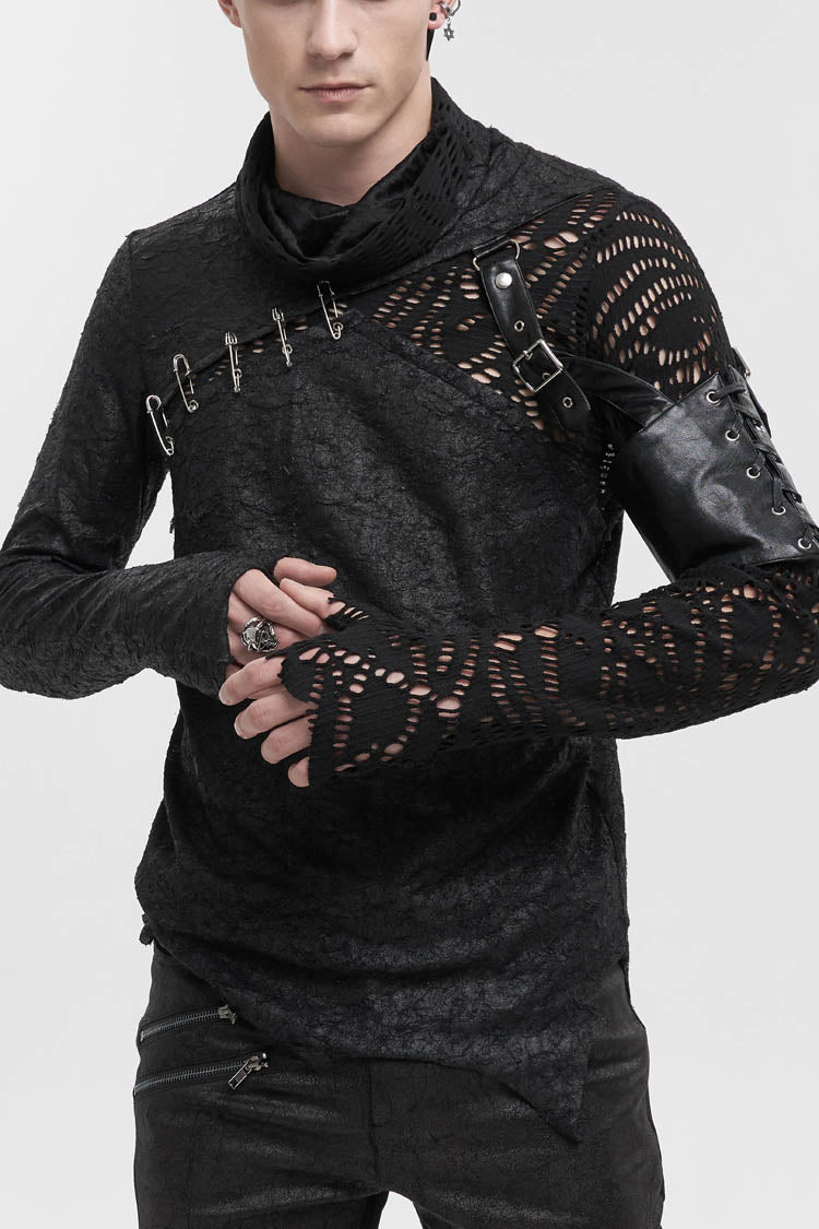 Black Fashion Printed Fabric Stitching Ripped Mesh Detachable Long Sleeve Men's Punk T-Shirt - Black - 1