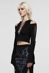 Black V Collar Off Shoulder Long Sleeves Hollow Tie Rope Womens Steampunk T-Shirt - Product - 2