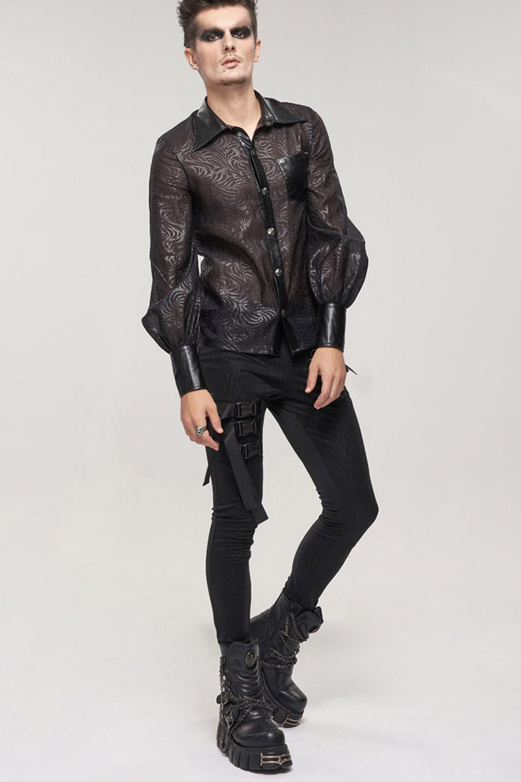 Black Punk Vertical Pattern Printing Cuff Drawstring Decoration See-Through Men's Shirt - Product - 6