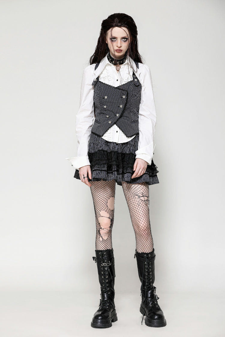 Black/White Striped Buckled Women's Gothic College Style Vest - Product - 5