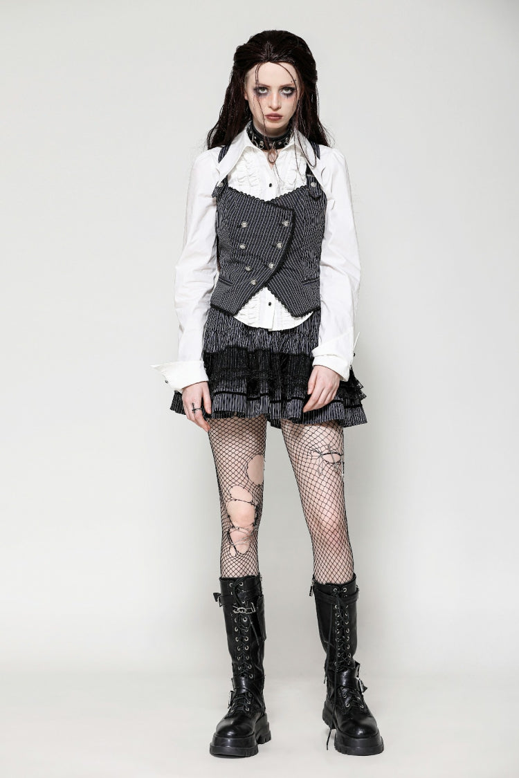 Black/White Striped Buckled Women's Gothic College Style Vest - Product - 5