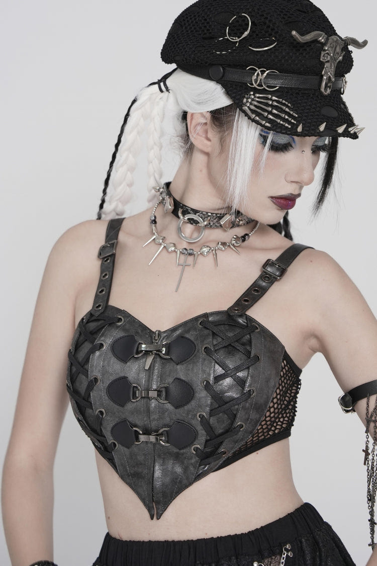 Black Lace-Up Slim Mesh Buckled Women's Punk Heart  Corset - Product - 9