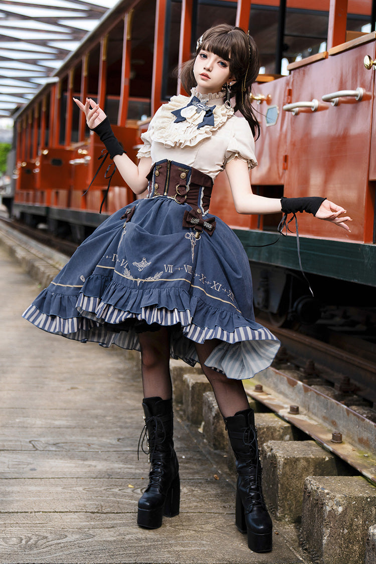 Blue Middle Ages Ruffle Embroidery Bowknot Classic Punk Vintage Lolita Skirt Full Set - Blue - 1