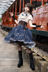 Blue Middle Ages Ruffle Embroidery Bowknot Classic Punk Vintage Lolita Skirt Full Set - Blue - 1