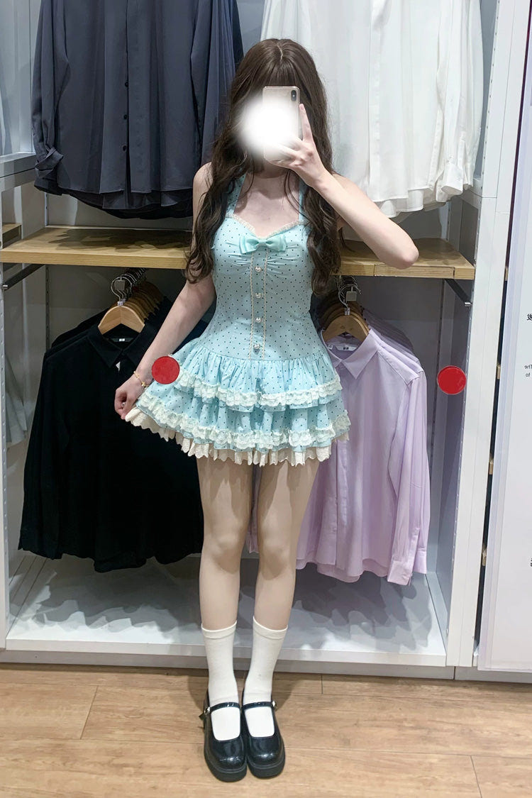 [Summer Mint] Halterneck Sleeveless Double-Layered Printed Ruffled Bow Lace Sweet Lolita Jsk Dress 5 Colors (Blue, Pink, Red, Black, White) - Product - 2