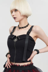 Black Punk Knitted Fabric Adjustable Suspenders Snaps Front Metal Zipper Women's Vest - Product - 4