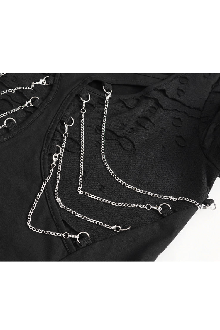 Black Short Sleeves Hollow Ripped Women's Steampunk T-Shirt - Product - 10