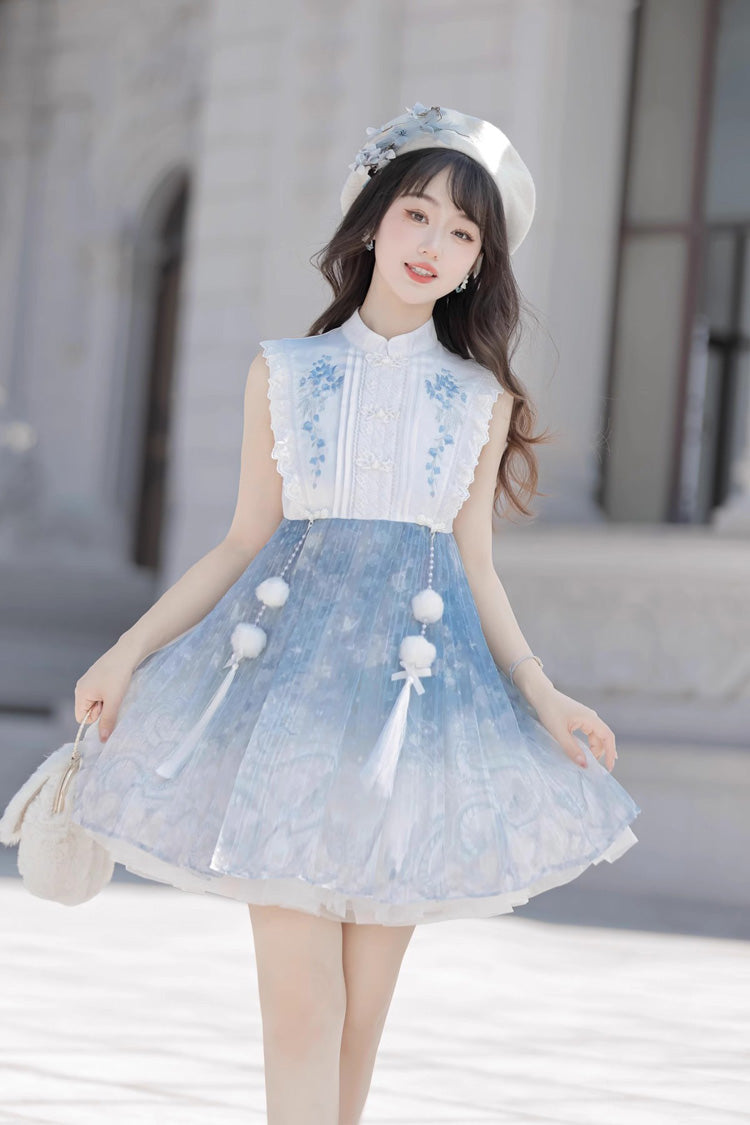 White/Blue Long Sleeves Print Ruffle Chinese Style Princess Sweet Lolita Jsk Dress Set - Product - 10