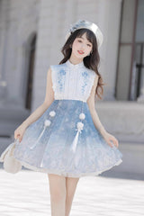 White/Blue Long Sleeves Print Ruffle Chinese Style Princess Sweet Lolita Jsk Dress Set - Product - 10