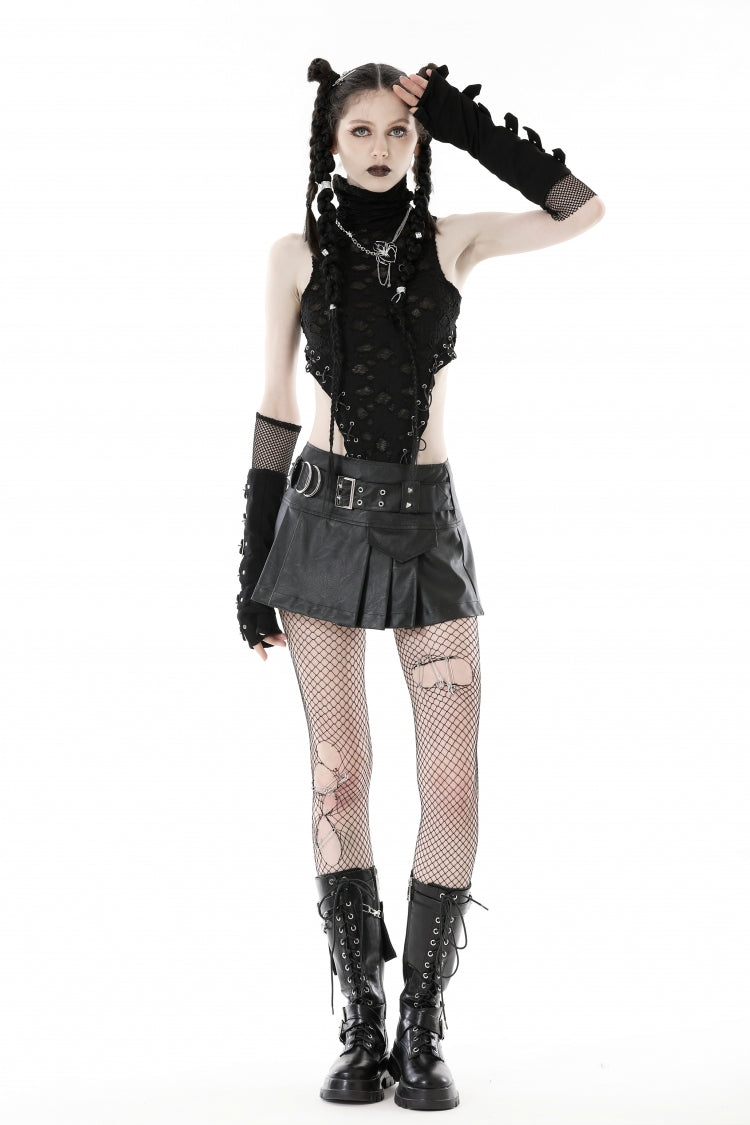 Black Faux Leather Metal Belt Buckled Pleated Women's Punk Mini Skirt - Black - 1