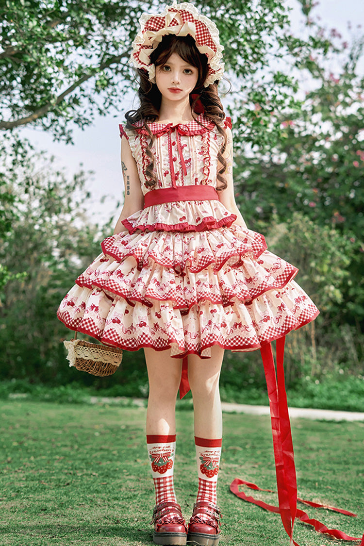 Red Triple-Layered [Cherries Are Ripe] Print Ruffle Sweet Lolita Skirt Set - Product - 7
