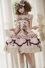 Pink [Shengqiao Tata] Sleeveless Print Ruffle Bowknot Lace-Up Sweet Elegant Lolita Jsk Dress - Product - 7