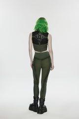 Black/Green Slim Women's Armor-Accentuated Paneled Punk Leggings - Product - 4