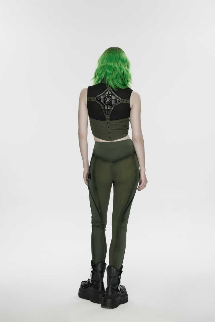 Black/Green Slim Women's Armor-Accentuated Paneled Punk Leggings - Product - 4
