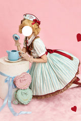 Green [Jenny's Chocolate] Short Sleeves Vertical Stripes Print Ruffle Bowknot Sweet Lolita Dress - Product - 17
