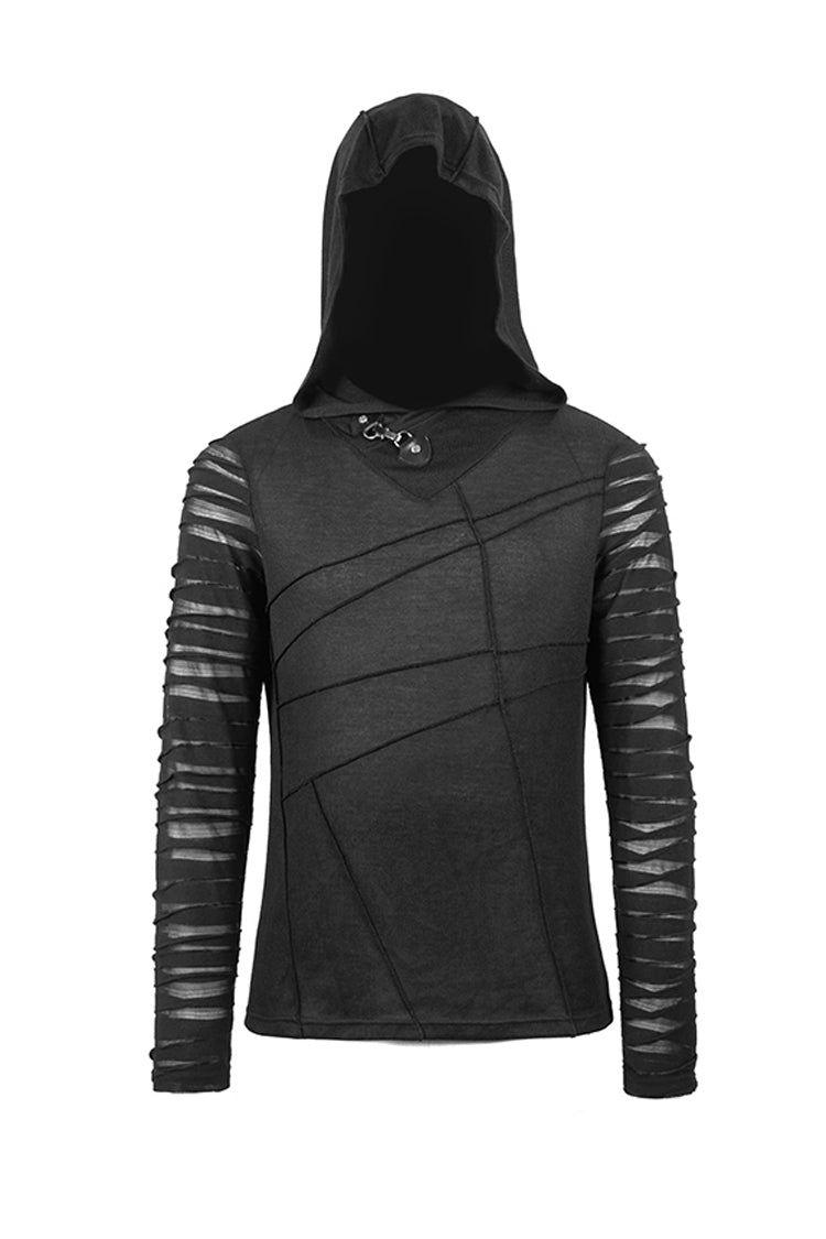 Black Collar Metal Button Irregular Striped Patchwork Bandage Hooded Men's Punk T-Shirt - Product - 7