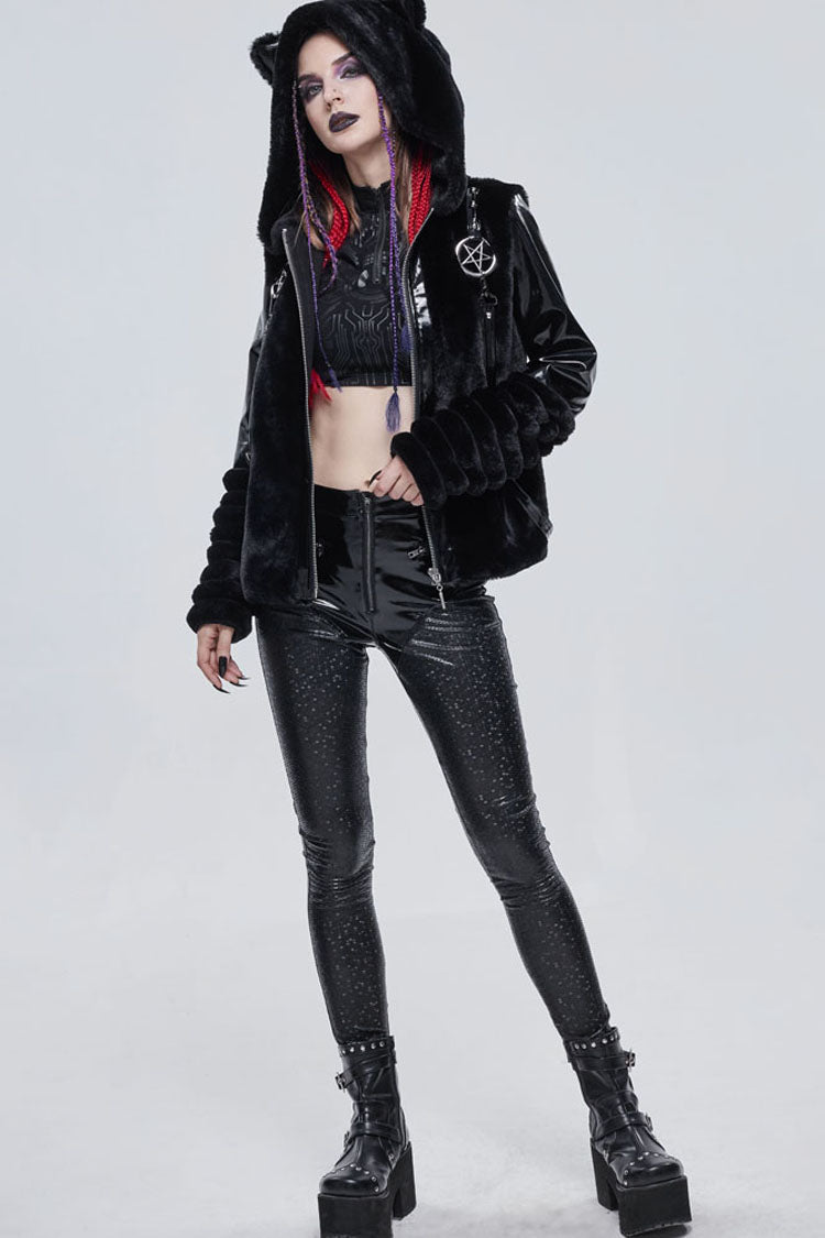 Black Gothic Hexagon Pattern Irregular Star Reflection Shiny Elasticity Leather Women's Leggings - Product - 8