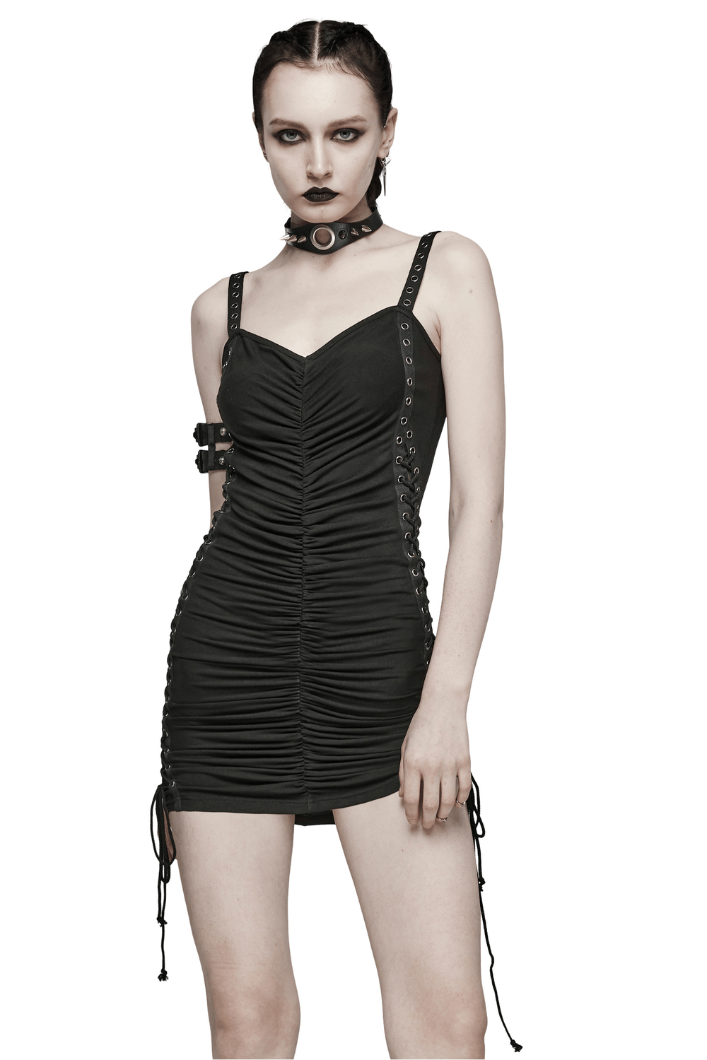 Edgy Adjustable Drawstring Mini Dress with Eyelet Straps - image 1