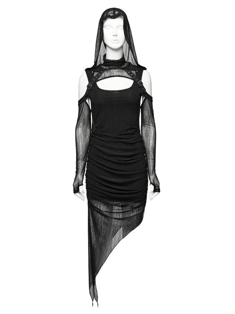 Edgy Hooded Wasteland Two-Piece Dress with Mesh Details - image 4