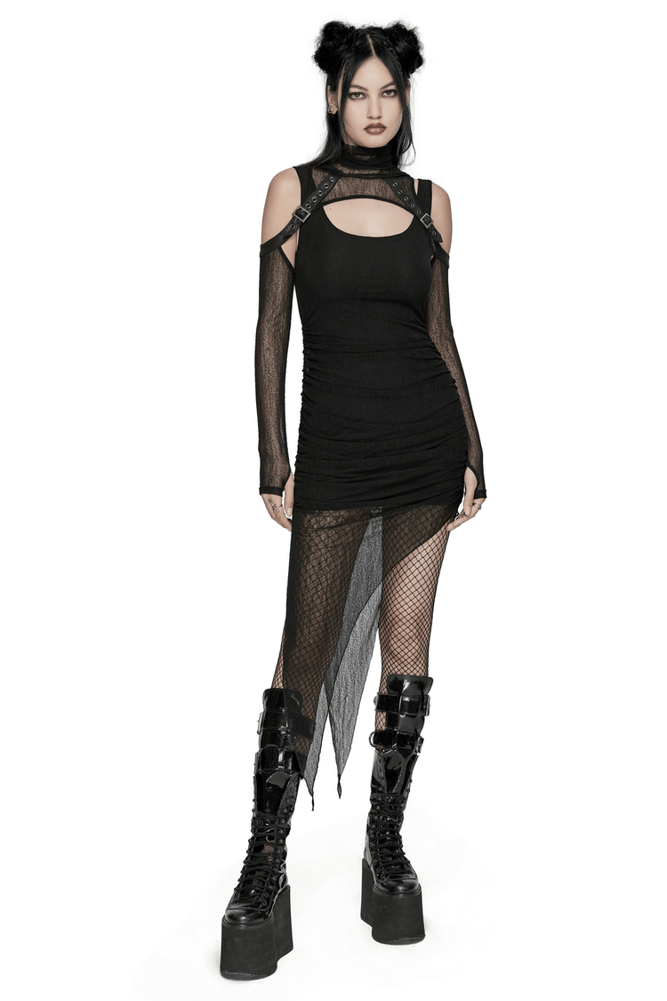 Edgy Hooded Wasteland Two-Piece Dress with Mesh Details - image 1