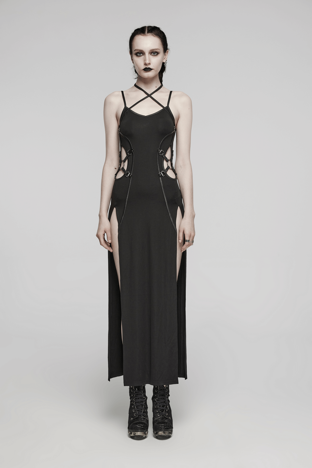 Edgy Long Two-Way Straps Dress with Slits and Lace Up - image 11